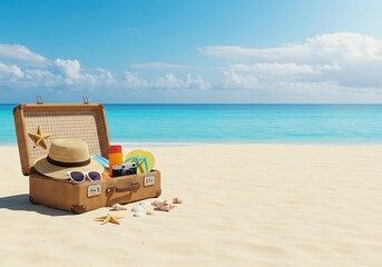 Open Vintage Suitcase Packed with Summer Essentials on the Beach. Generative Ai