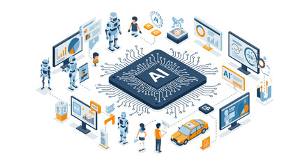 Ai technology ecosystem vector illustration: digital innovation and artificial intelligence in flat style for posters and educational materials