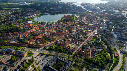 Arial view of the old town of the harbour city Kolding in Denmark on a sunny spring day  
