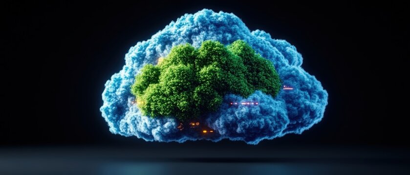 Vibrant digital illustration of a fluffy cloud with lush green foliage inside futuristic glowing blue cloud effect