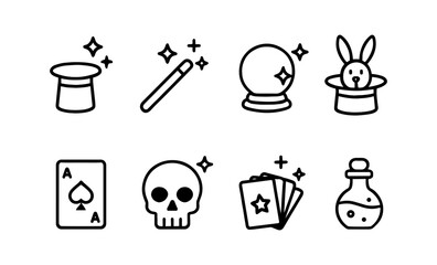 Magical icons collection featuring wand, crystal ball, rabbit in hat, cards, and potion