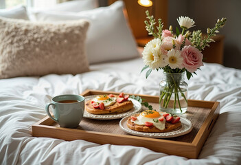 Fototapeta premium A romantic breakfast in bed tray with fried eggs on toast, fresh strawberries, coffee, and a beautiful bouquet of flowers for a special, cozy morning. 