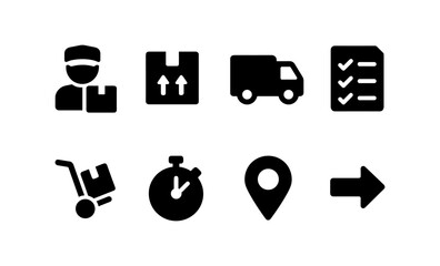 Delivery and logistics icons: package, truck, checklist, stopwatch, location, arrow