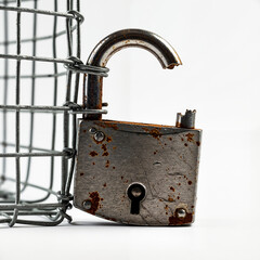 Broken lock in cage isolated on white background