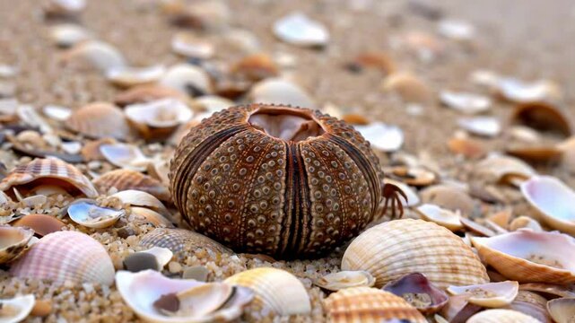 sea potato shell - A close-up view of a unique sea urchin resting on a sandy beach surrounded by various seashells, with gentle waves lapping in the background, ideal for nature themes