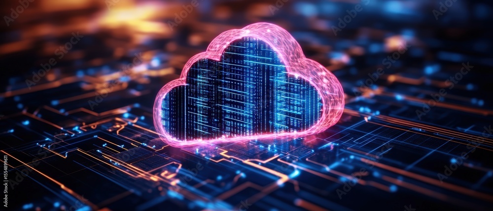 Poster futuristic digital cloud storage concept with glowing neon outline over technology background repres