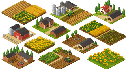 Isometric farm landscape vector illustration - rural agriculture elements for design