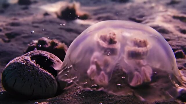 sea potato shell - A mesmerizing underwater scene showcasing a jellyfish gracefully gliding over the sandy ocean floor, surrounded by marine life and soft sunlight filtering through the water