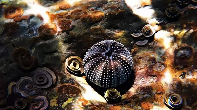sea potato shell - A vibrant underwater scene showcasing a sea urchin surrounded by colorful marine life on a rocky ocean floor, with sunlight filtering through the water above