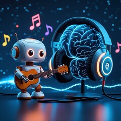 A cute robot plays guitar while a glowing brain with headphones listens, symbolizing the fusion of music, AI, and human cognition.