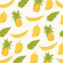 Seamless pattern with hand drawn pineapple, bananas, mango and leaf. Tropical wallpaper for kitchen, packaging, textiles, wrapping paper.	 