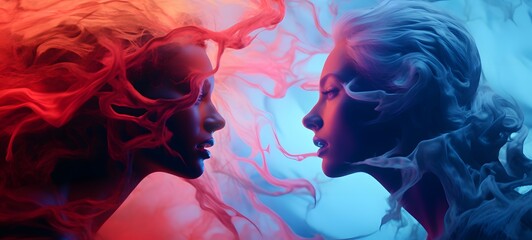 pop surreal unreal silhouettes spiral towards lady devil vs angel, ai generatif