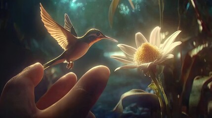 A hummingbird hovers near a flower in a hand.