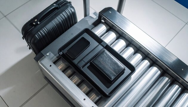 Airport Security Tray with Phone and Wallet on Conveyor Belt