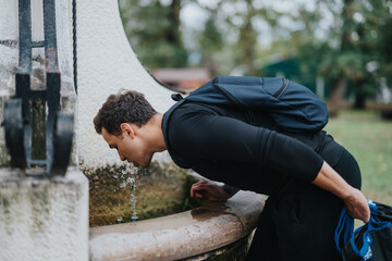 A man in workout attire quenches his thirst at a public water fountain after a fitness session in a...