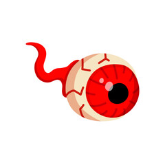 Cartoon Halloween zombie eye. Vector eyeball with red iris and venis isolated on white background. Vampire eye with optic nerve. Clipart for decoration, design element.