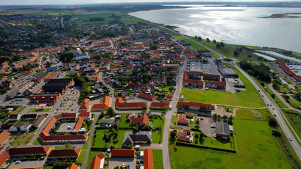 Arial view of the old town of the coast city Nibe in Denmark on a sunny spring day