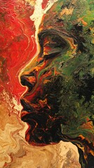 Abstract Portrait for Black History Month in Pan-African Colors. a captivating fluid art piece symbolizing the interconnectedness of the African diaspora. Red, black, and green