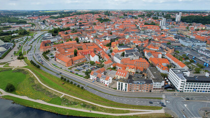 Arial view of the old town of the harbour city Randers in Denmark on a sunny spring day