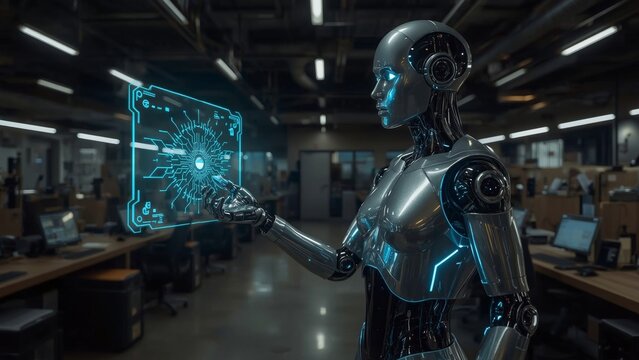 silver humanoid robot with glowing blue circuits and intricate mechanical limbs stands in a futuristic laboratory, its hand hovering above a transparent touch interface that displays