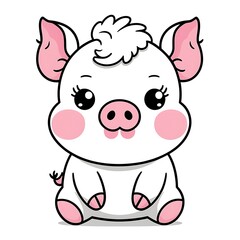 Naklejka premium Cute cartoon piglet with big eyes, pink snout, and rosy cheeks sitting down with a friendly expression.