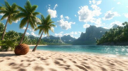 Picturesque tropical beach with tall palm trees turquoise water sandy shoreline and mountain backdrop on sunny day
