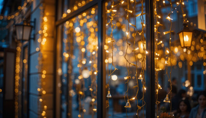 Window decorated with string lights, reflecting interior lighting, creating a warm, festive atmosphere.