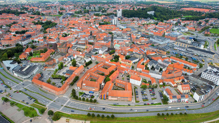 Arial view of the old town of the harbour city Randers in Denmark on a sunny spring day