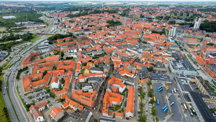 Arial view of the old town of the harbour city Randers in Denmark on a sunny spring day
