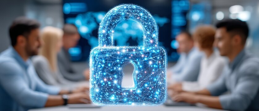 Team discussing cybersecurity strategies in a modern office space collaborative environment professional setting