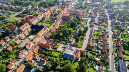 arial view of the city and monastery Tyrstrup in Denmark on a sunny spring morning