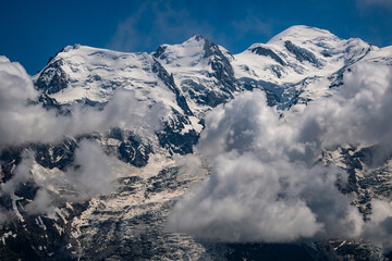 Aerial view of Glaciers cascading down the peak of  Le Mont Blanc France - Snow capped peaks on the...