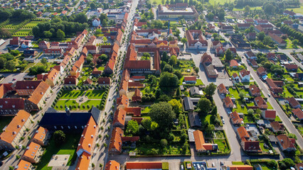 arial view of the city and monastery Tyrstrup in Denmark on a sunny spring morning