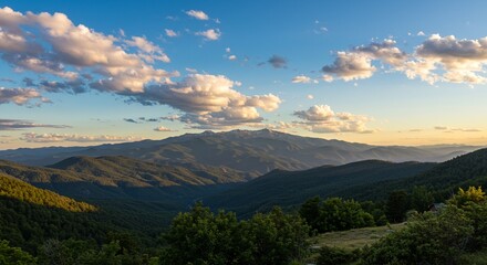 Fototapeta premium Majestic Mountain Range at Sunset Panoramic View of Peaks and Valleys