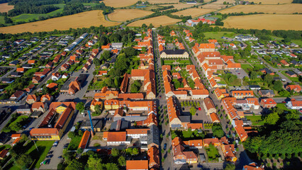 arial view of the city and monastery Tyrstrup in Denmark on a sunny spring morning