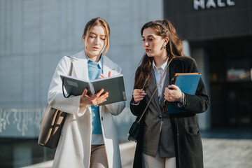 Two young professionals discussing ideas and strategies while consulting documents in a city...