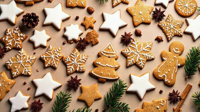 Christmas gingerbread cookies forming festive background with fir branches and spices.
