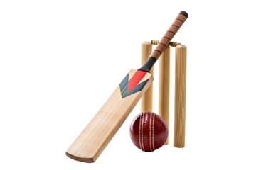Cricket equipment bat ball and wickets for sport match game competition tournament play