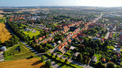 arial view of the city and monastery Tyrstrup in Denmark on a sunny spring morning