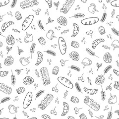 Seamless pattern of cups, cakes, loaf, bread, croissants, sweets. Handmade vector illustration for bakery, cafe design. Doodle style.
