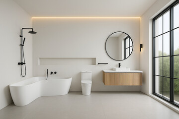 Minimalist modern bathroom with light-gray porcelain floor, white walls, black rain shower and fixtures, round black mirror, fluted wood floating vanity, freestanding tub, neon yellow accent, 4K rende