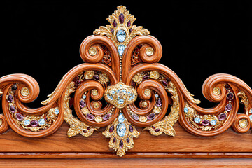 ceremonial carriage crown molding with intricate scrollwork and precious metal inlays, royal transportation heritage, fine woodworking artistry