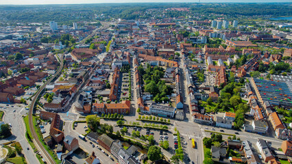 Arial view of the old town of the harbour city Vejle in Denmark on a sunny spring day