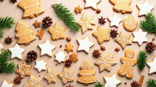 Christmas gingerbread cookies forming festive background with fir branches and spices.