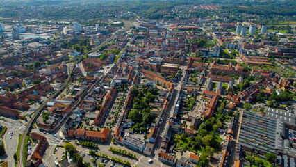 Arial view of the old town of the harbour city Vejle in Denmark on a sunny spring day