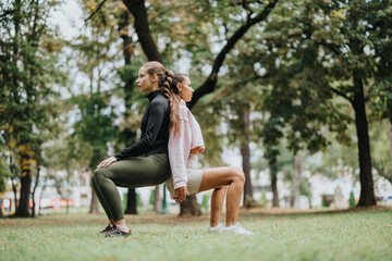 Two young women practicing cooperative yoga positions outdoors in a serene green park, emphasizing...