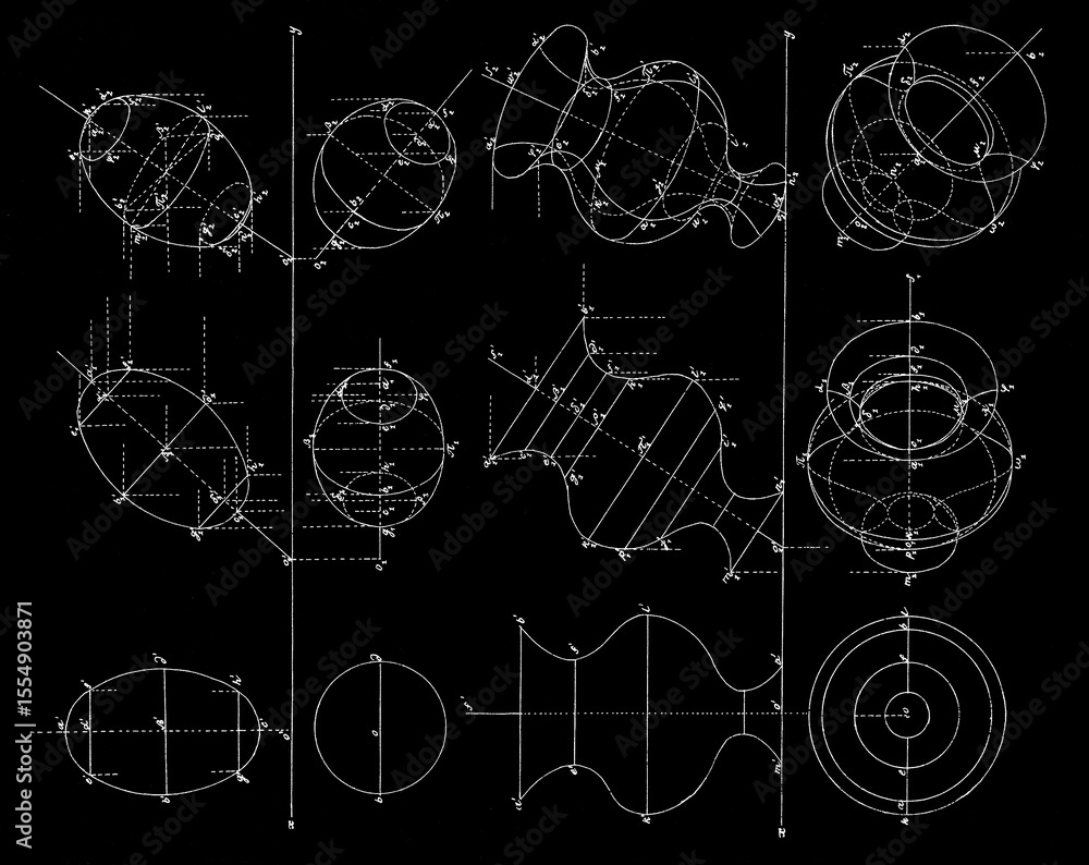 Aufkleber drawing of axonometric projection of circle, line in planes. computer educational technic design for