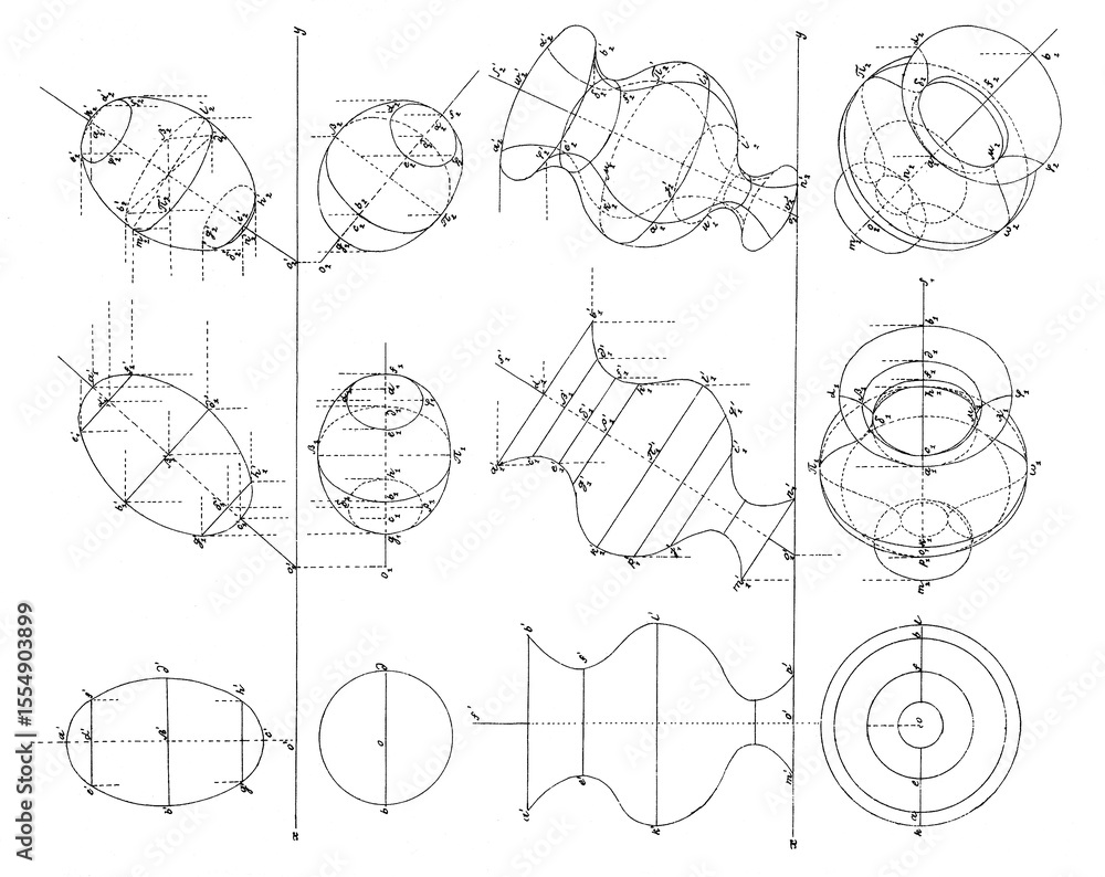 Aufkleber drawing of axonometric projection of circle, line in planes. computer educational technic design for