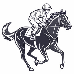 Jockey riding dark horse in motion on white background racing equestrian