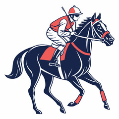 Obraz premium Jockey riding dark horse with red accents and whip racing equestrian